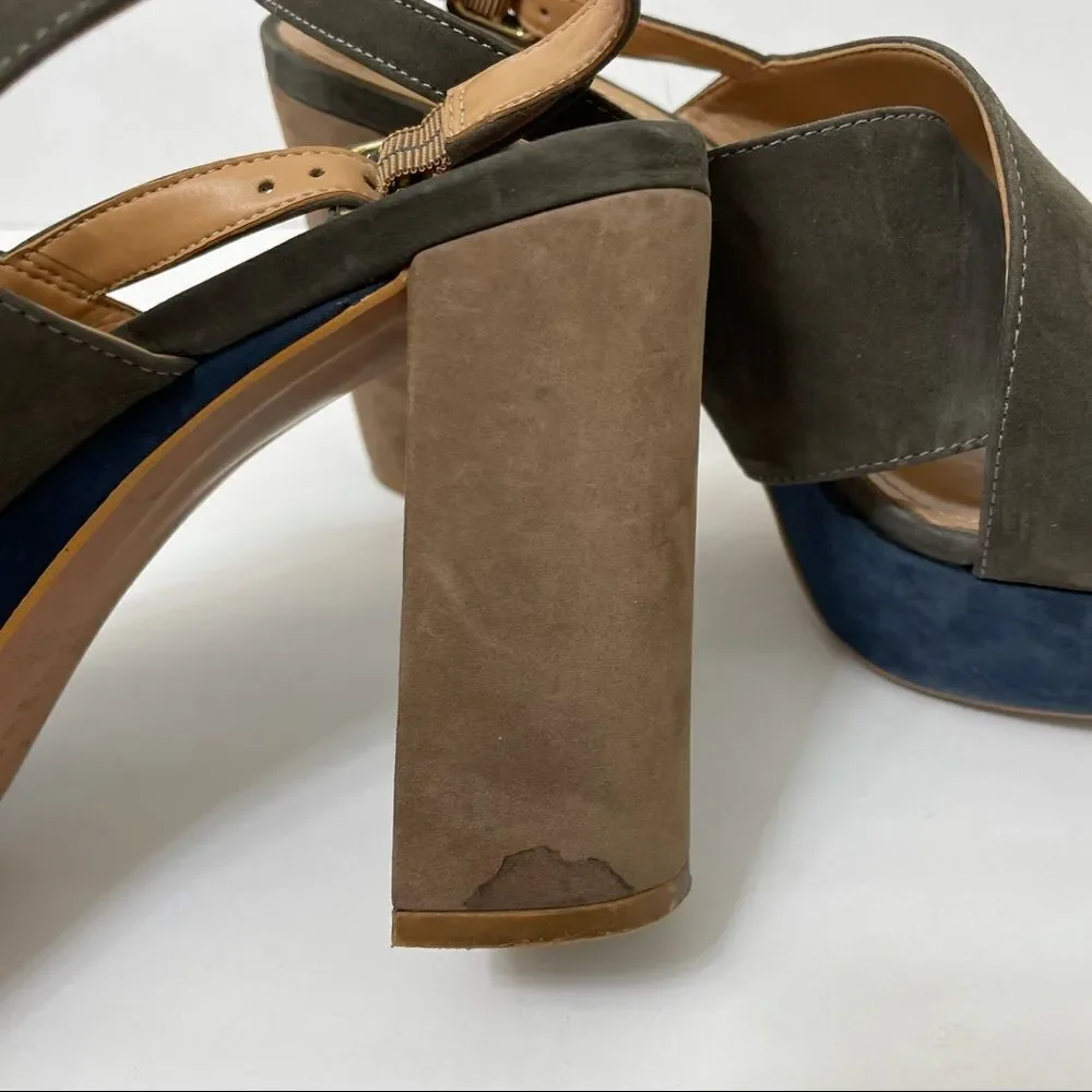 Klub Nico Gray Tan Navy Suede Chunky Heeled Platform Sandals